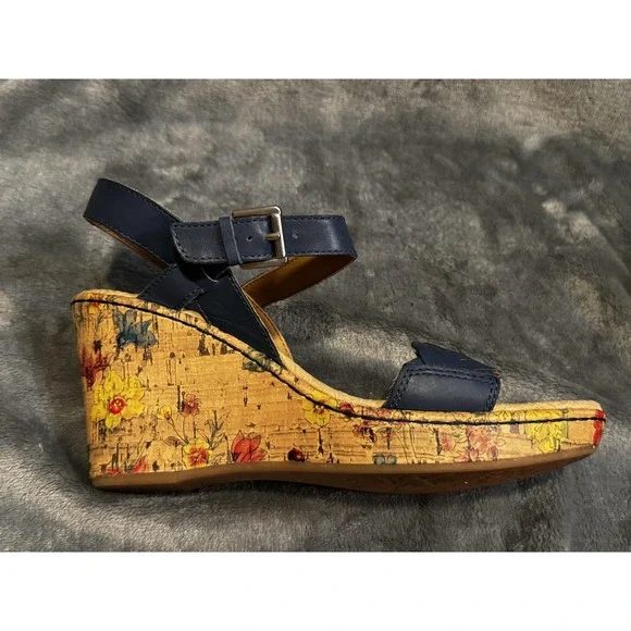 b.o.c Shoes Womens Size 10 Blue Floral Cork Wedge Sandals Comfort Strappy Summer - Picture 3 of 14